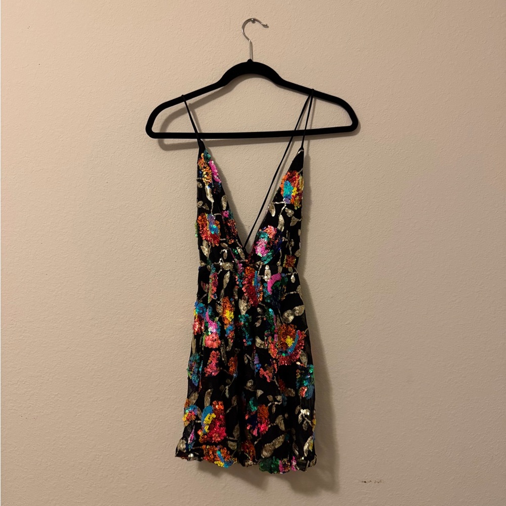 Lucy in the Sky Black Multicolor Sequined Floral Mini Dress